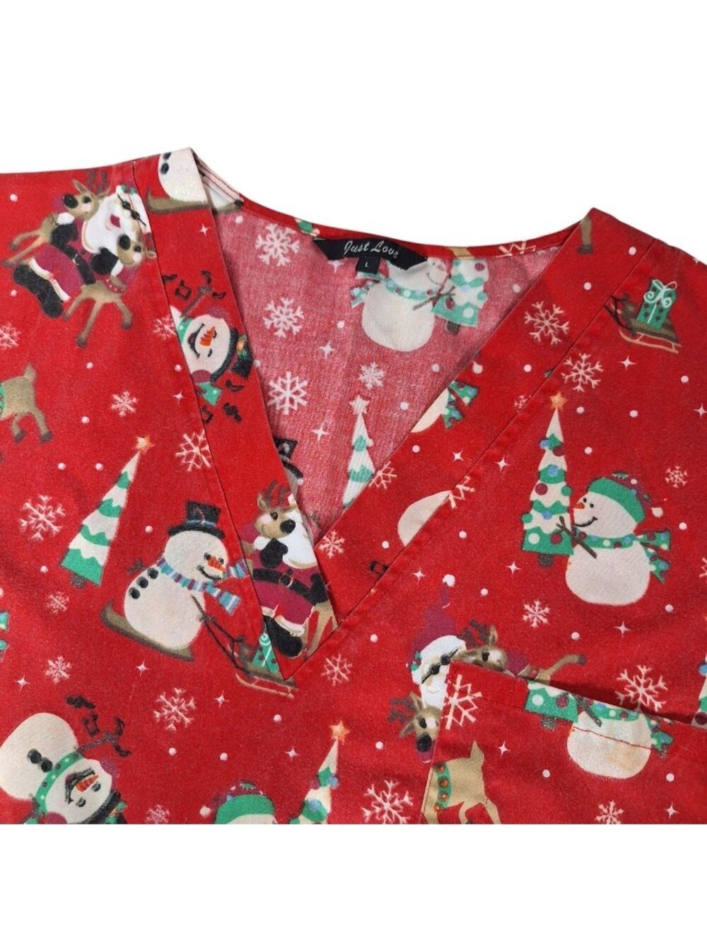 Just Love Red Santa Snowman Reindeer V-Neck Scrub Top Large